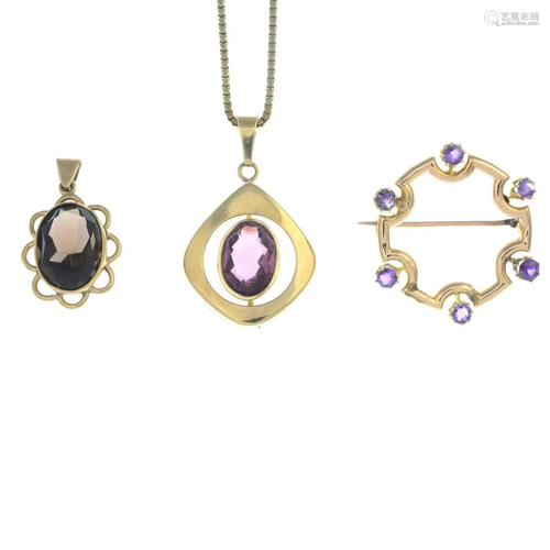 A selection of amethyst and smoky quartz jewellery.To