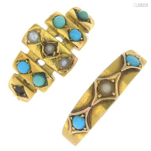 Two late 19th century turquoise and split pearl rings,