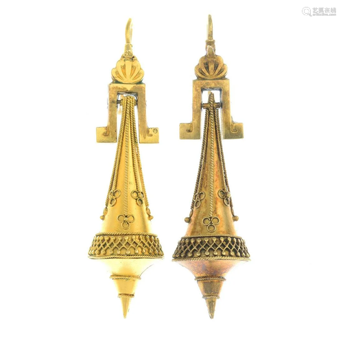 A pair of late 19th century gold earrings.Length