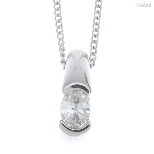 A platinum oval-shape diamond single-stone pendant,