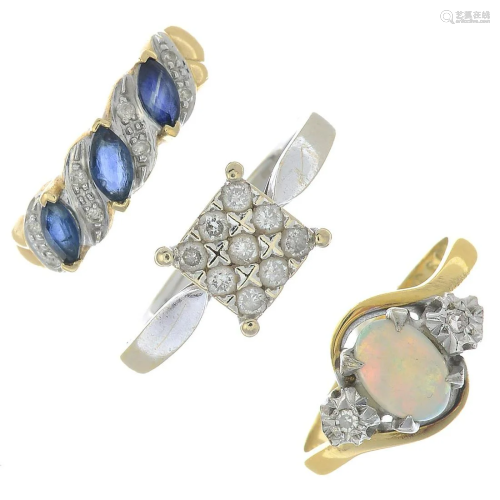 Three gold diamond and gem-set rings.Gems inclu…