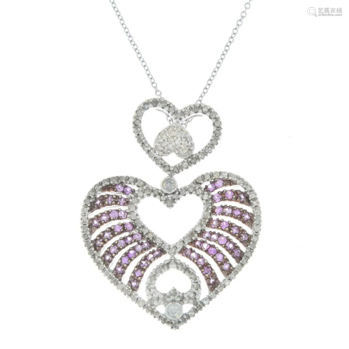 A pink sapphire and diamond heart pendant, susp…