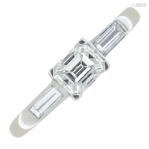 A platinum rectangular-shape diamond single-stone r…