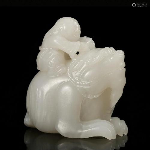 CHINESE WHITE JADE CARVED BOY ON BEAST