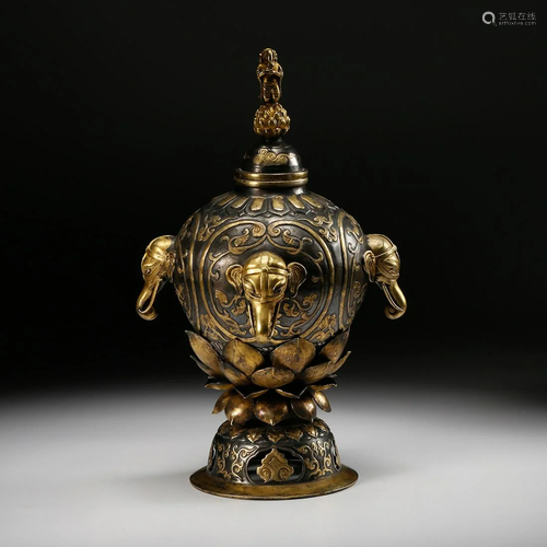 CHINESE GILT SILVER CENSER WITH ELEPHANT AN…