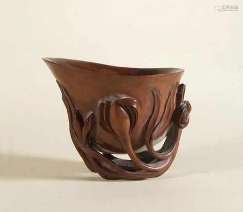 CHINESE BOXWOOD CARVED LOTUS CUP