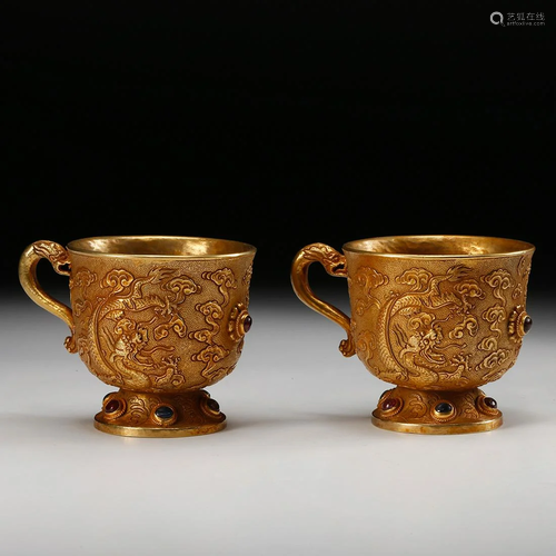 CHINESE GILT SILVER CUPS, PAIR