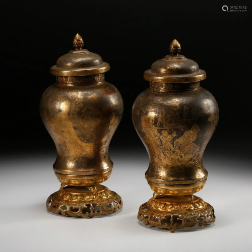CHINESE GILT SILVER COVER VASES, PAIR