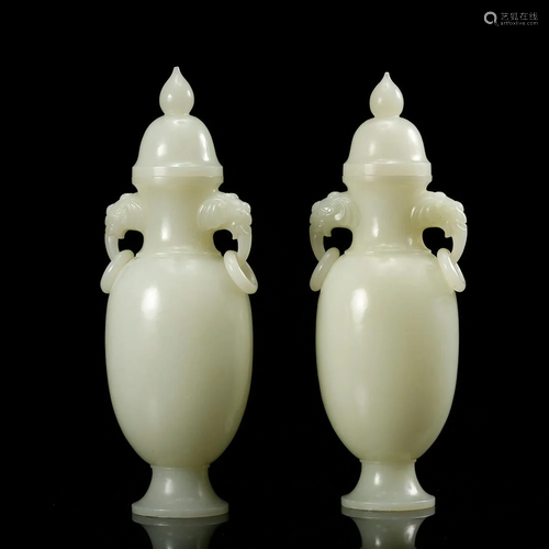 CHINESE WHITE JADE COVER VASES, PAIR