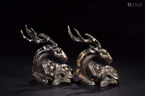 CHINESE GOLD AND SILVER PLAYED BRONZE DEER,…