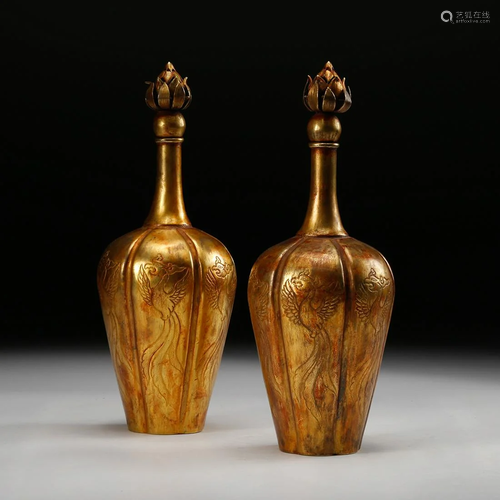 CHINESE GILT SILVER COVER VASES, PAIR