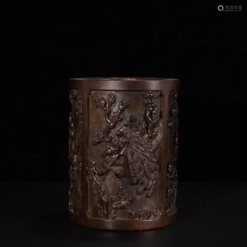 CHINESE HARDWOOD CARVED BRUSH POT