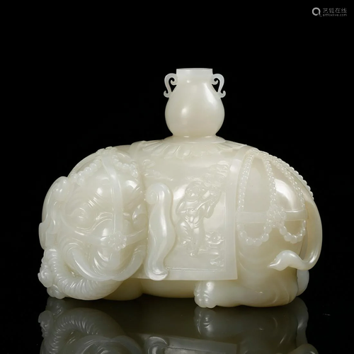 CHINESE WHITE JADE VASE ON ELEPHANT, QING D…