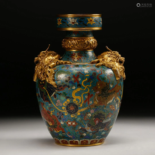 CHINESE CLOISONNE VASE WITH GILT BRONZE BEA…