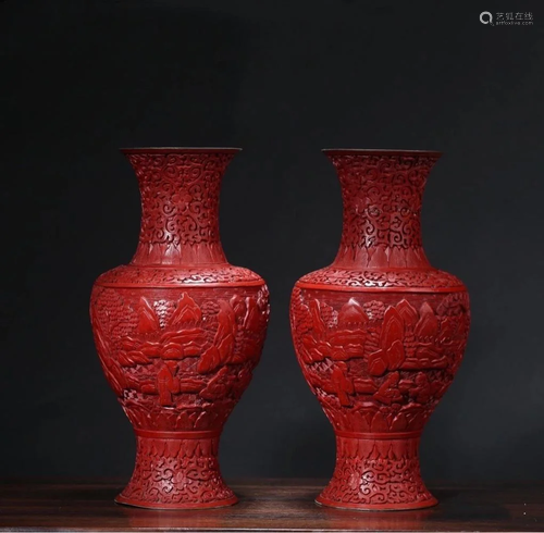 CHINESE CINNABAR LACQUER VASES, PAIR