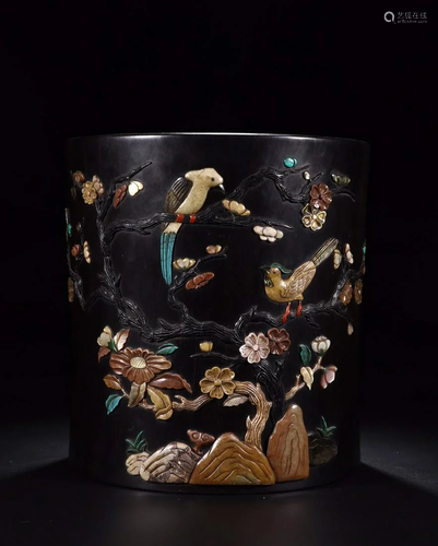 CHINESE ZITAN WOOD BRUSH POT WITH INLAY