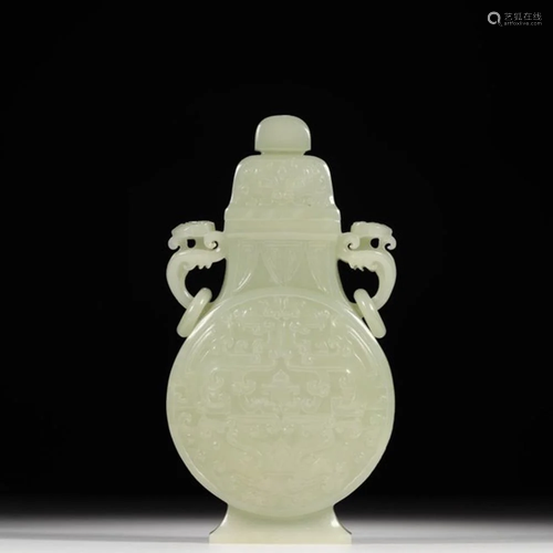 CHINESE CELADON JADE CARVED COVER VASE