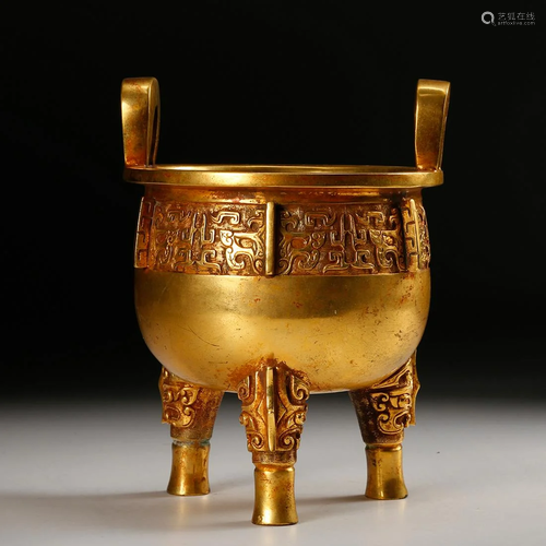 CHINESE GILT BRONZE TRIPOD CENSER