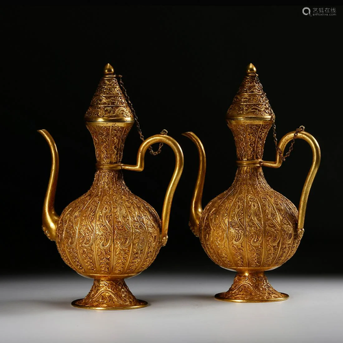 CHINESE GILT BRONZE WINE EWER, PAIR