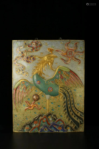 CHINESE CLOISONNE WALL PANEL WITH PHOENIX …