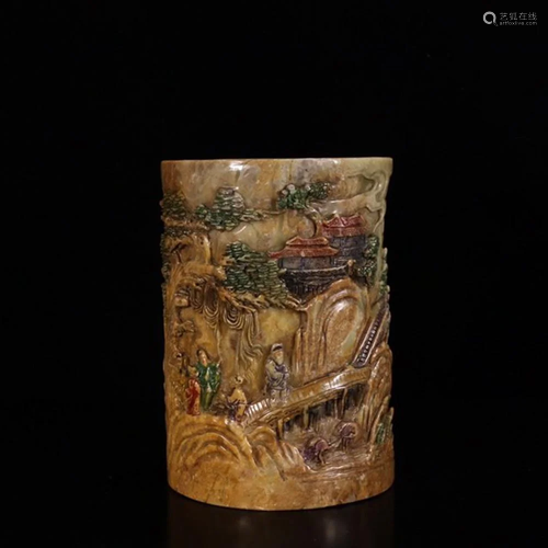 CHINESE POLYCHROME SOAPSTONE BRUSH POT