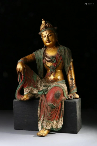 CHINESE POLYCHROME WOOD FIGURE OF GUANYIN