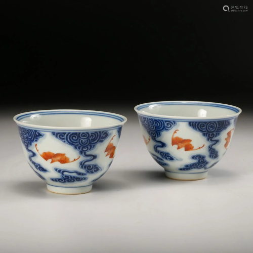 CHINESE BLUE WHITE PORCELAIN CUP, PAIR