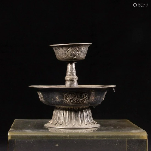 CHINESE SILVER ALTAR CUP AND PLATE SET