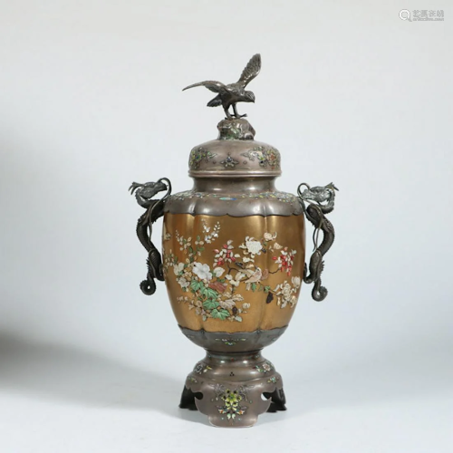 CHINESE SILVER COVER VASE WITH INLAY