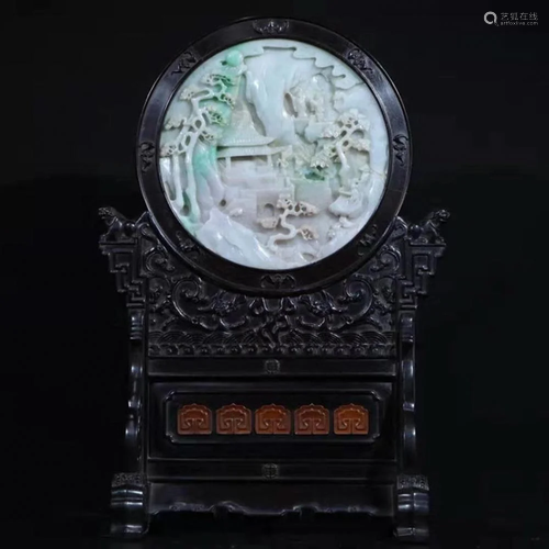 CHINESE JADEITE PLAQUE ON ZITAN WOOD S…