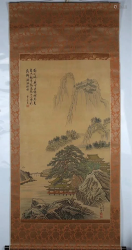 CHINESE INK AND COLOR LANDSCAPE SCROLL …