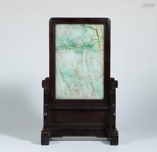 CHINESE JADEITE PLAQUE ON ROSE WOOD S…