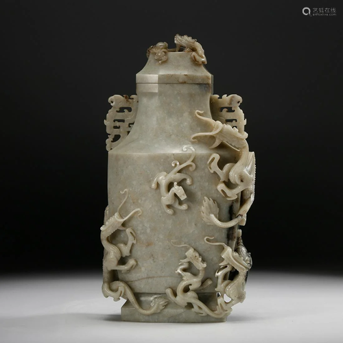 CHINESE CELADON JADE DRAGON VASE