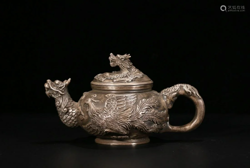 CHINESE SILVER DRAGON PHOENIX TEA POT