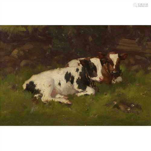 DAVID GAULD R.S.A (SCOTTISH 1865-1936) CALVES IN A BYRE