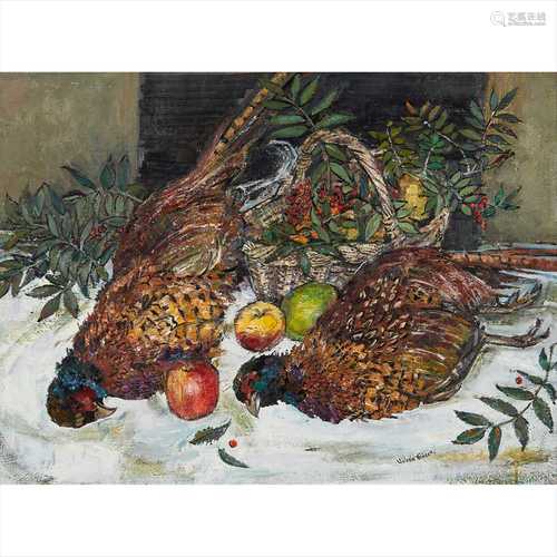 § VALERIE FRASER R.S.W. (SCOTTISH B.1933) STILL LIFE WITH TWO COCK PHEASANTS