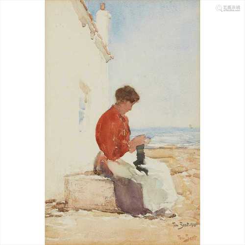 TOM SCOTT R.S.A., R.S.W. (SCOTTISH 1854-1927) A WOMAN KNITTING BESIDE THE SEASHORE