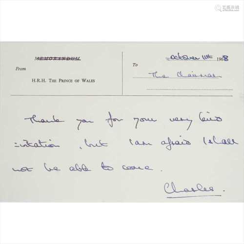 Charles, Prince of Wales (b. 1948) Autograph note, signed