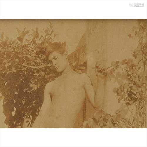 Gloeden, Wilhelm von 2 portraits comprising Male Nude beside pots of plants on terrace.