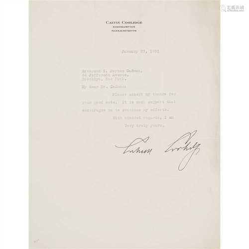 Coolidge, Calvin, President of the U.S.A. 1923-29 Typed letter signed, to rev. S. Parkes Cadman