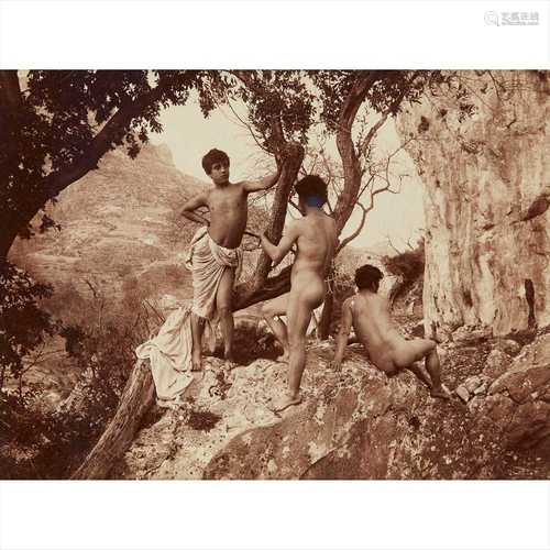 Gloeden, Wilhelm von. Pasqualino with friends on a rocky hillside