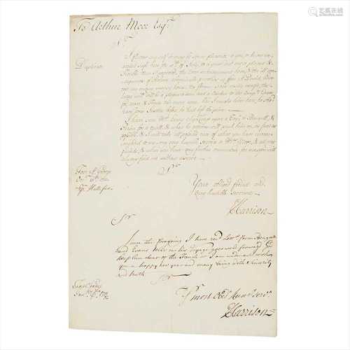 East India Company - Harrison, Edward (1674-1732) Letter signed ('E. Harrison') to Arthur Moor Esq.