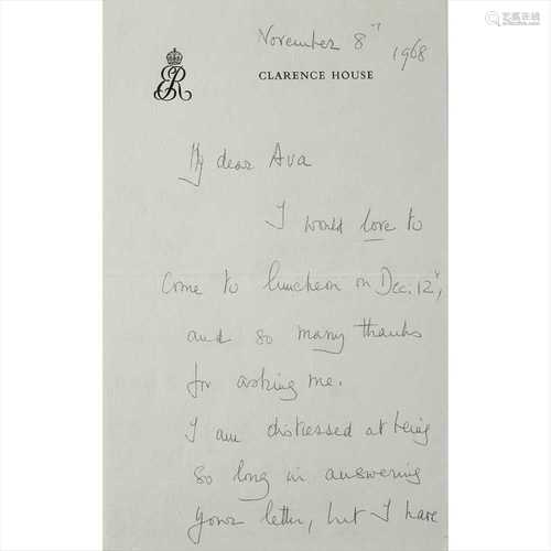 Elizabeth, Queen of the United Kingdom 1936-1952, the Queen Mother Autograph letter signed