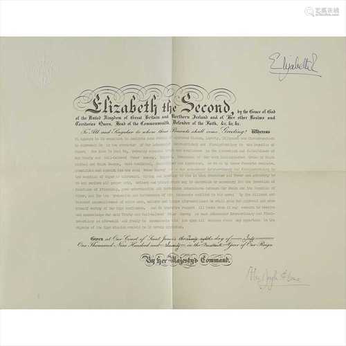 Elizabeth II (b.1926), Queen of the United Kingdom Document signed