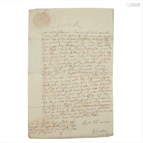 Charles II, (1630-1685) King of England, Scotland & Ireland Document signed