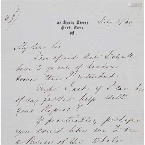 Nightingale, Florence Part Autograph Letter Signed, 2 sides, 2nd July 1869