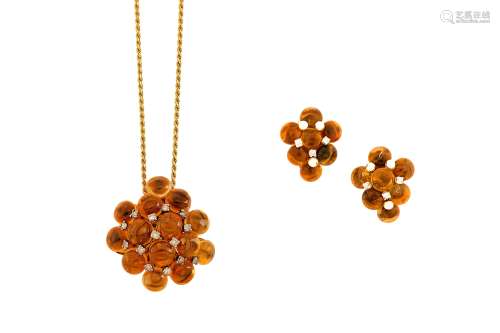 A citrine and diamond pendant necklace and pair of earrings