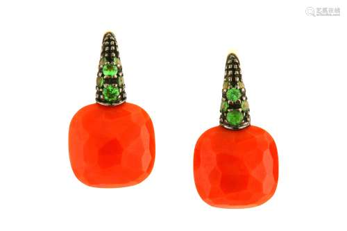 A pair of coral and tsavorite garnet 'Capri' earrings, by Pomellato