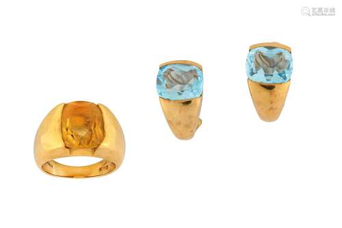 A citrine ring and blue topaz earrings, by Antonini