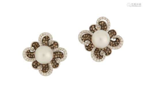 A pair of cultured pearl and diamond earrings